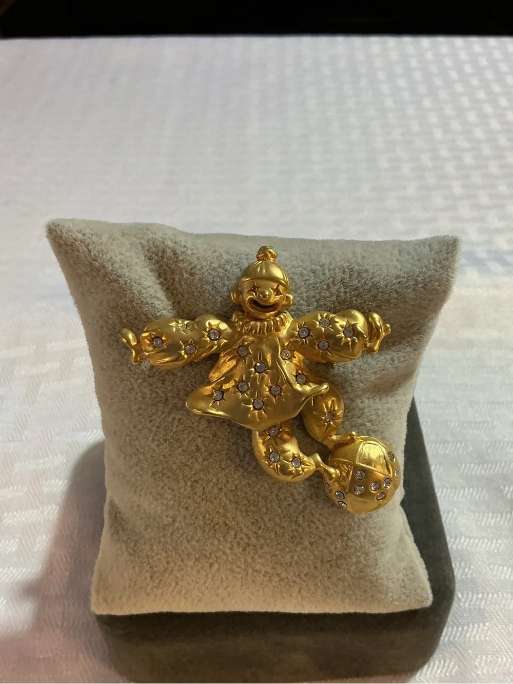 Clown on a Ball Articulated Balancing Rhinestone Gold Tone Brooch